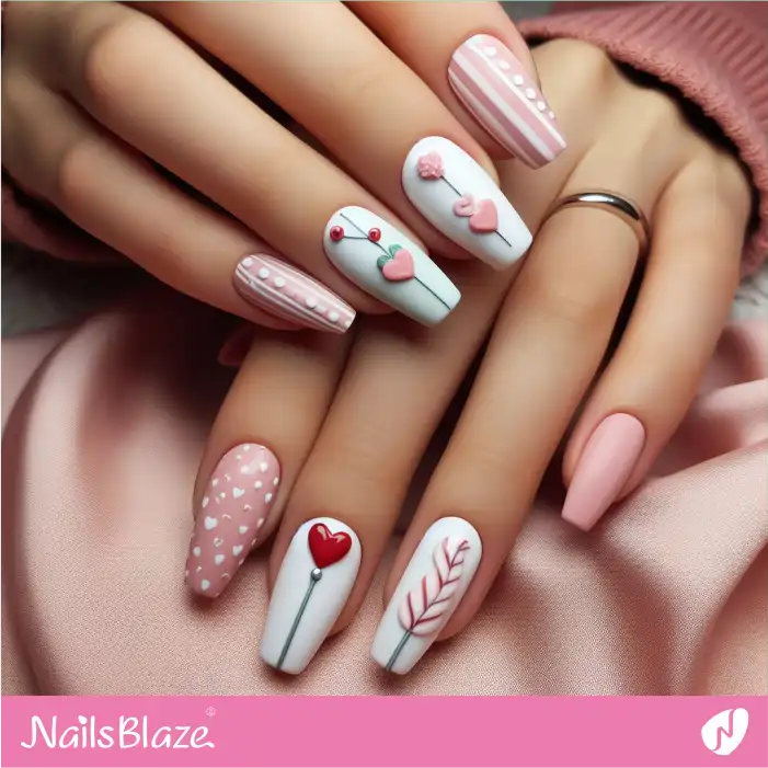 Matte Pink and White Sweetheart Nail Design for Valentine | Valentine Nails - NB2213
